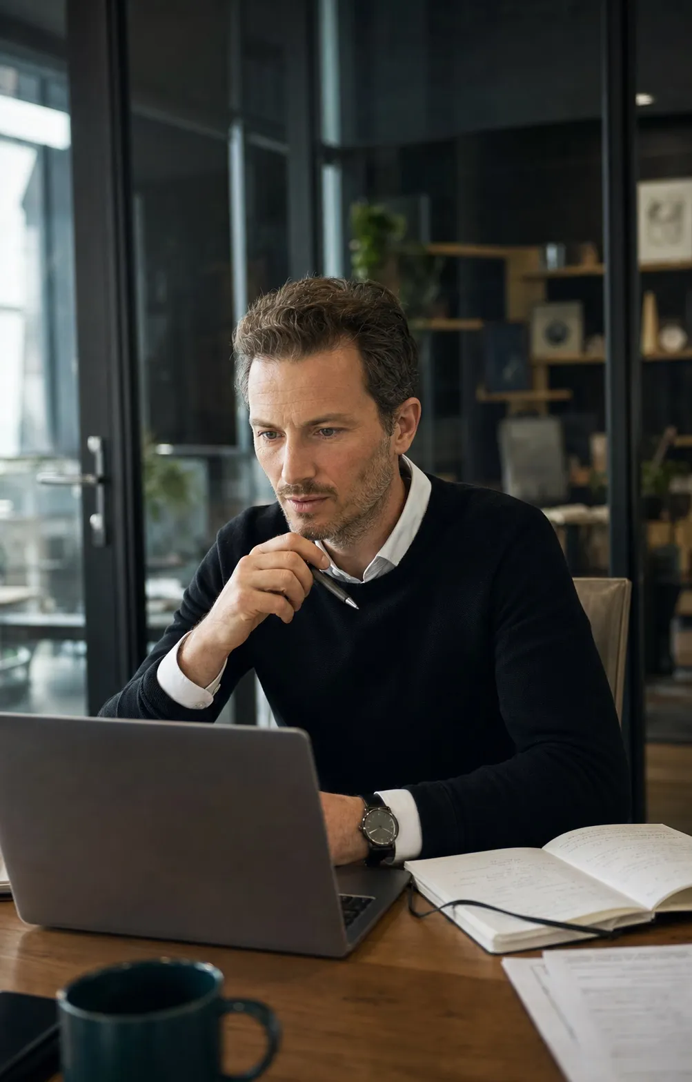 A professional-services founder reviewing a workflow at their laptop